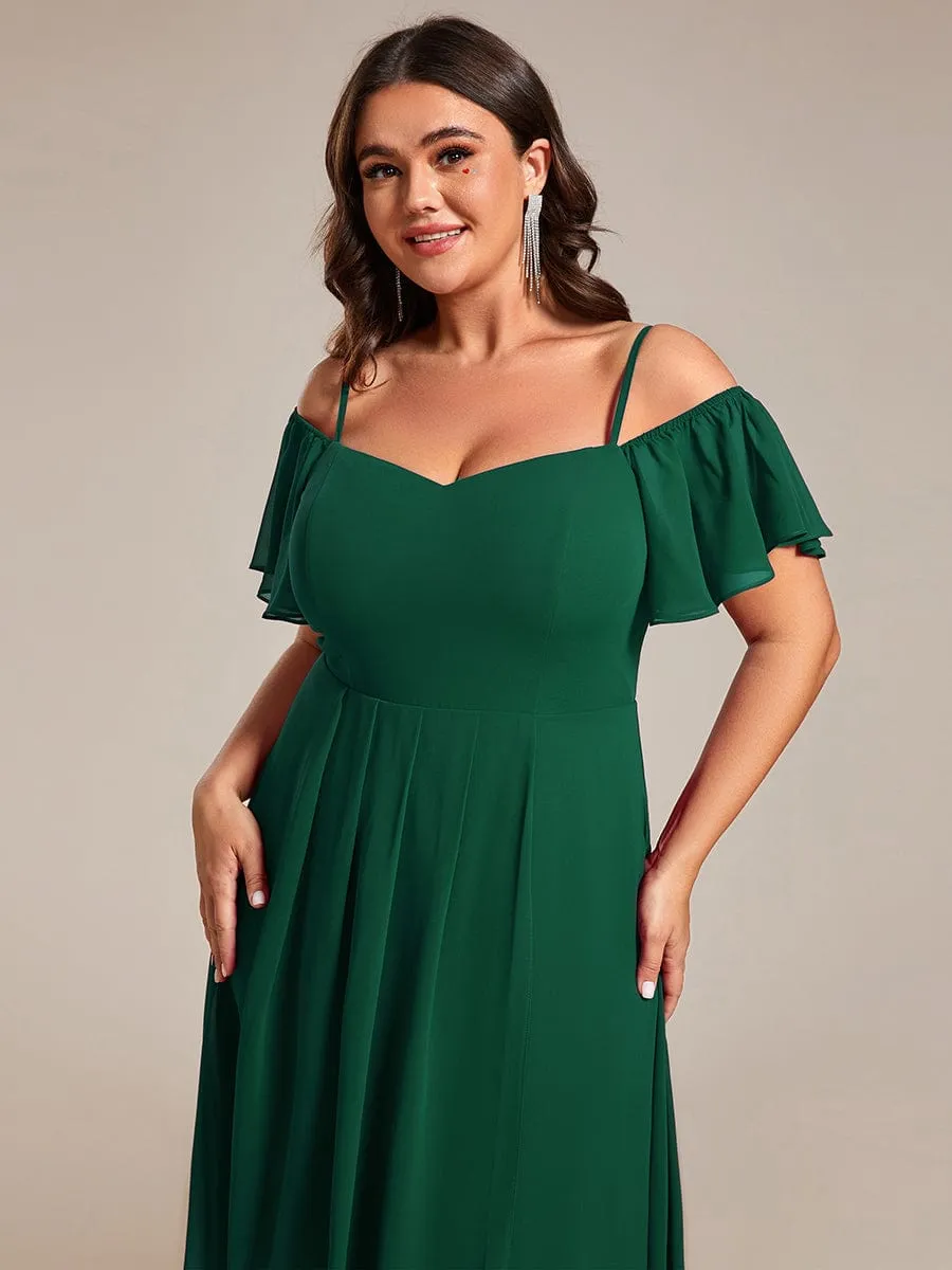 Plus Size Cold Shoulder Sweetheart Necklin Chiffon Midi Wedding Guest Dress