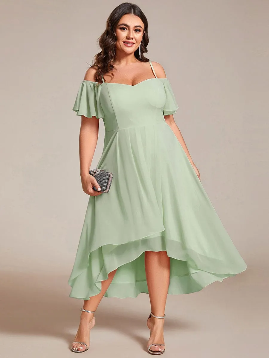 Plus Size Cold Shoulder Sweetheart Necklin Chiffon Midi Wedding Guest Dress