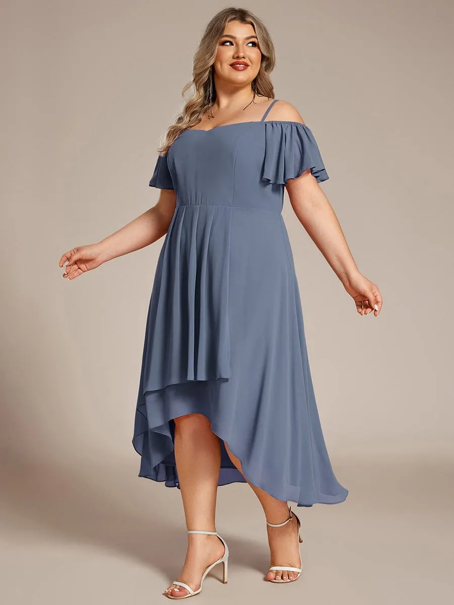 Plus Size Cold Shoulder Sweetheart Necklin Chiffon Midi Wedding Guest Dress