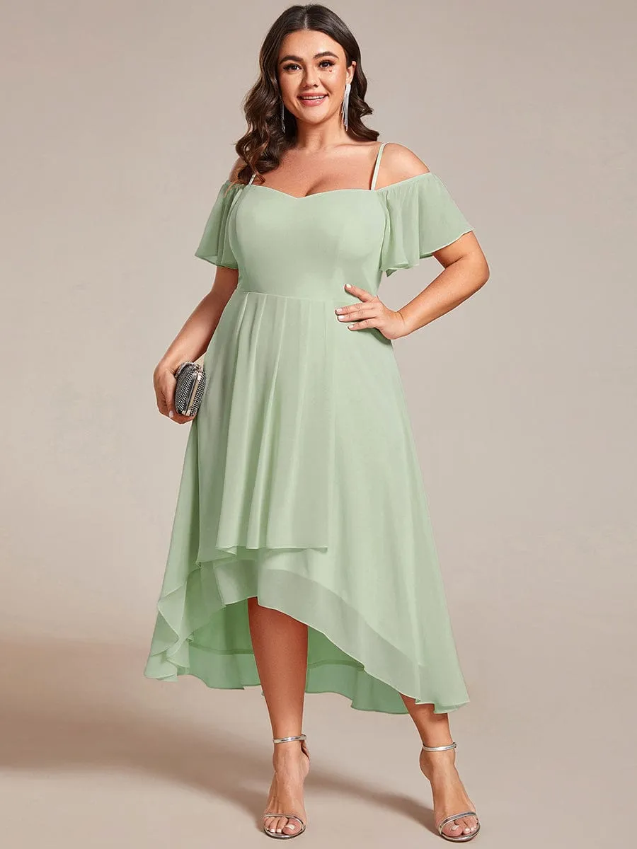 Plus Size Cold Shoulder Sweetheart Necklin Chiffon Midi Wedding Guest Dress