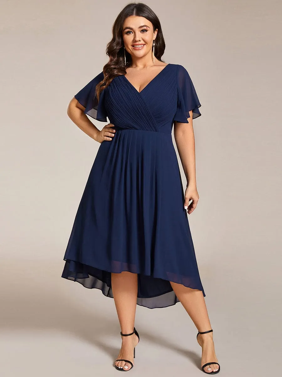 Plus Size Double V-Neck Ruffles Sleeve Chiffon Midi Wedding Guest Dress