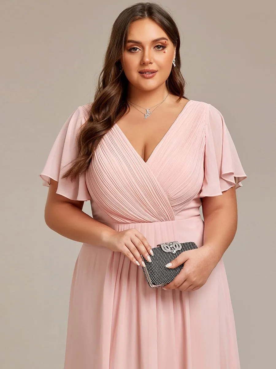 Plus Size Double V-Neck Ruffles Sleeve Chiffon Midi Wedding Guest Dress