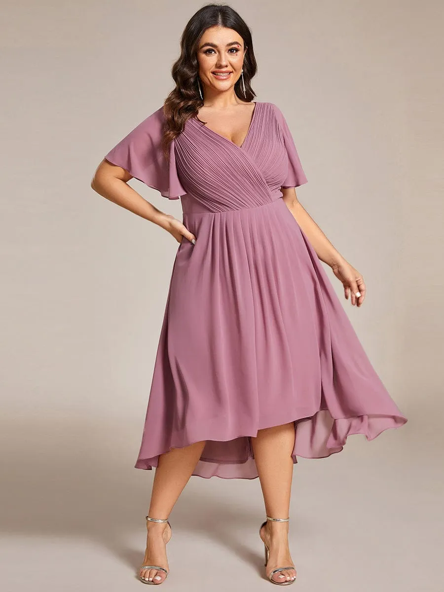 Plus Size Double V-Neck Ruffles Sleeve Chiffon Midi Wedding Guest Dress