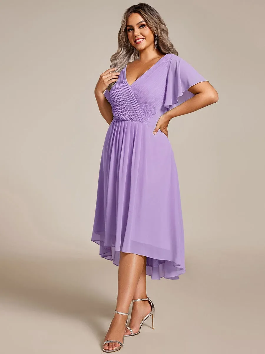 Plus Size Double V-Neck Ruffles Sleeve Chiffon Midi Wedding Guest Dress