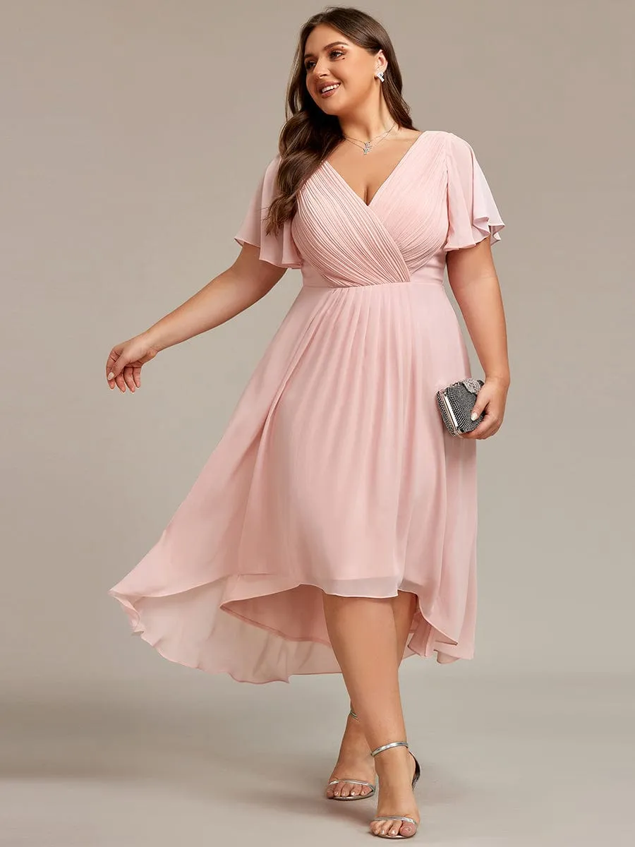 Plus Size Double V-Neck Ruffles Sleeve Chiffon Midi Wedding Guest Dress