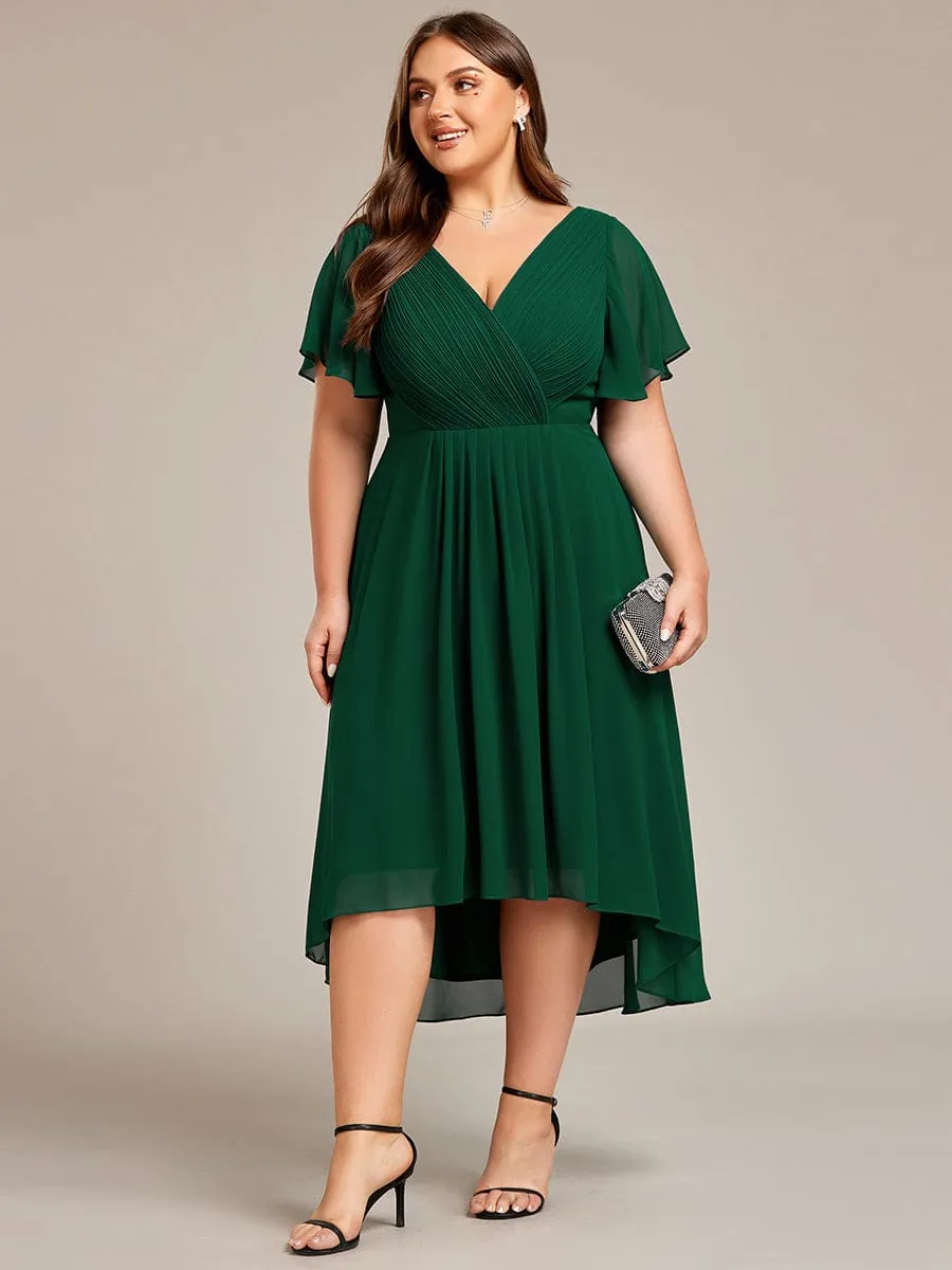 Plus Size Double V-Neck Ruffles Sleeve Chiffon Midi Wedding Guest Dress