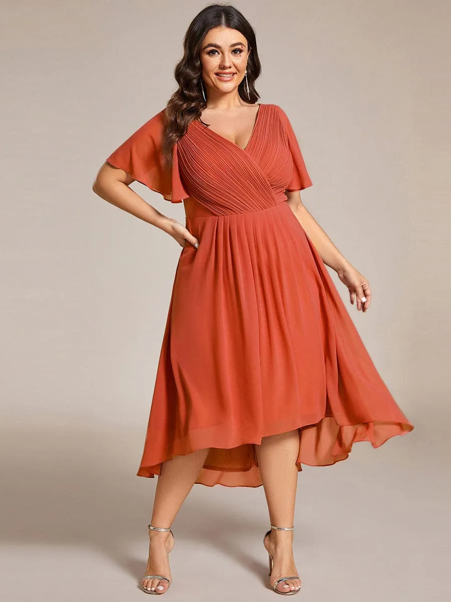 Plus Size Double V-Neck Ruffles Sleeve Chiffon Midi Wedding Guest Dress