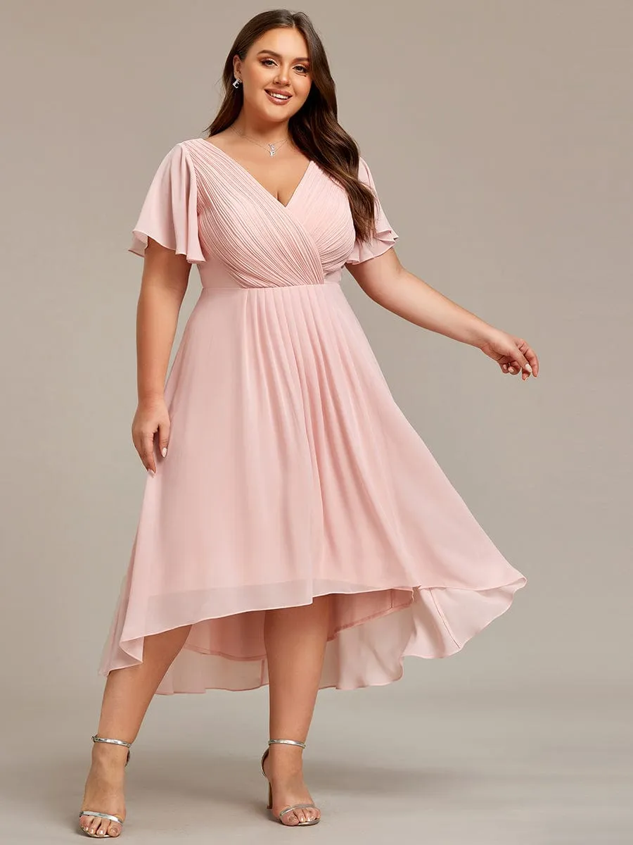 Plus Size Double V-Neck Ruffles Sleeve Chiffon Midi Wedding Guest Dress