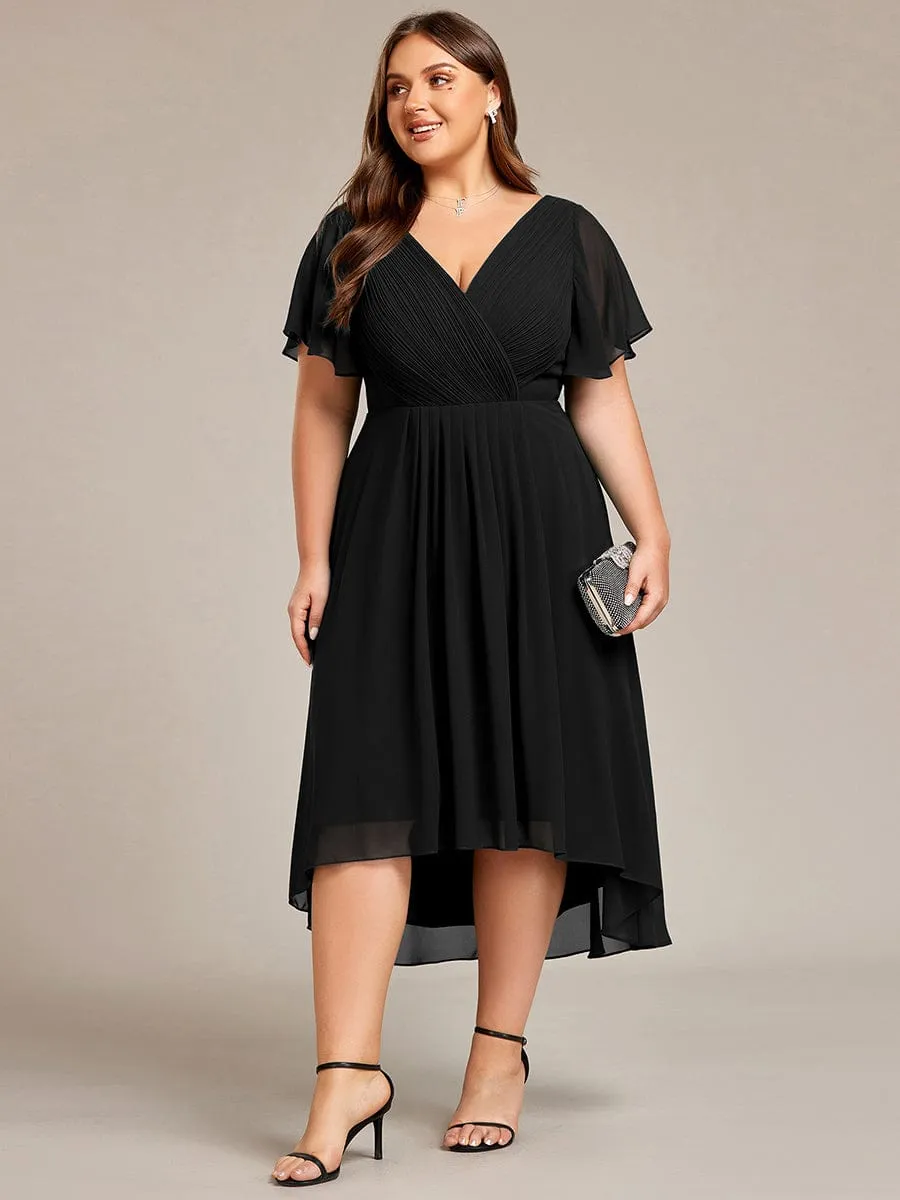 Plus Size Double V-Neck Ruffles Sleeve Chiffon Midi Wedding Guest Dress