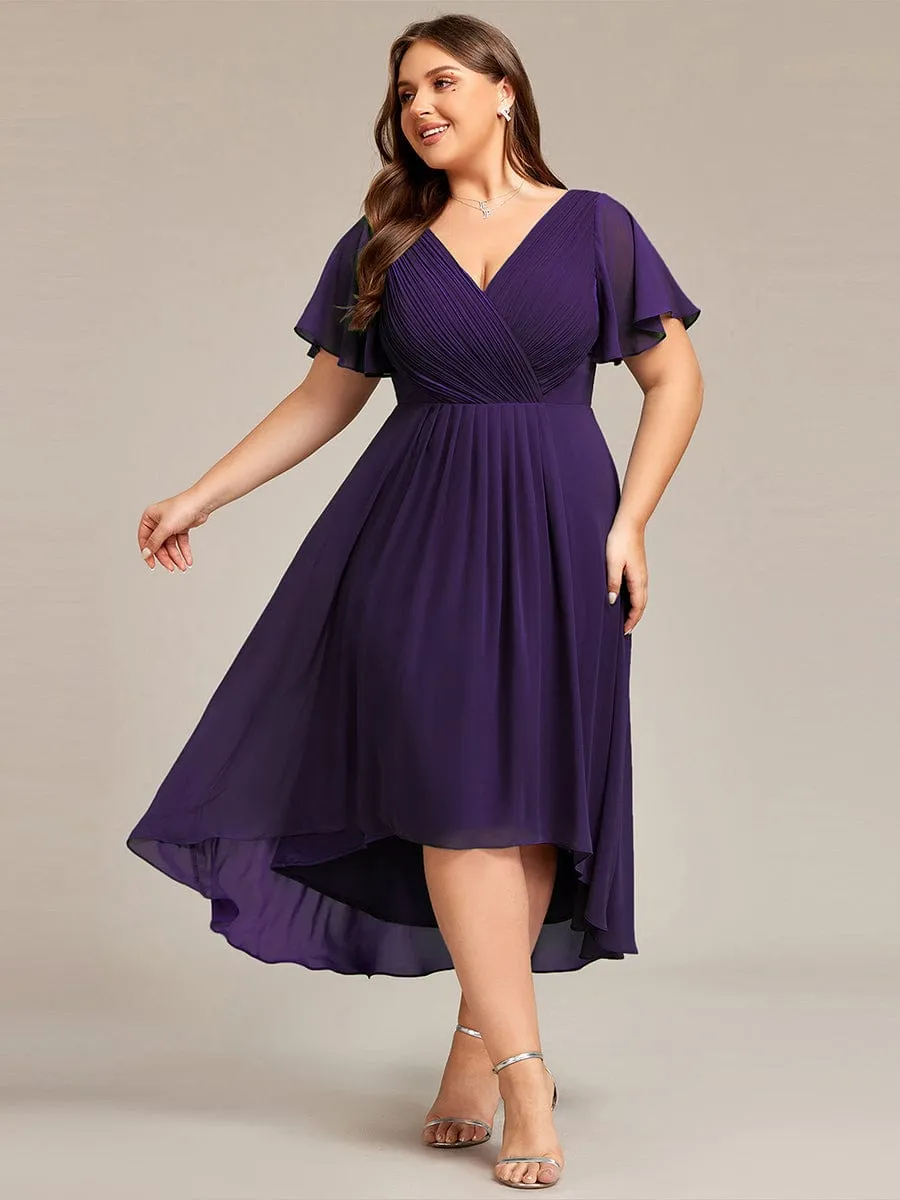 Plus Size Double V-Neck Ruffles Sleeve Chiffon Midi Wedding Guest Dress