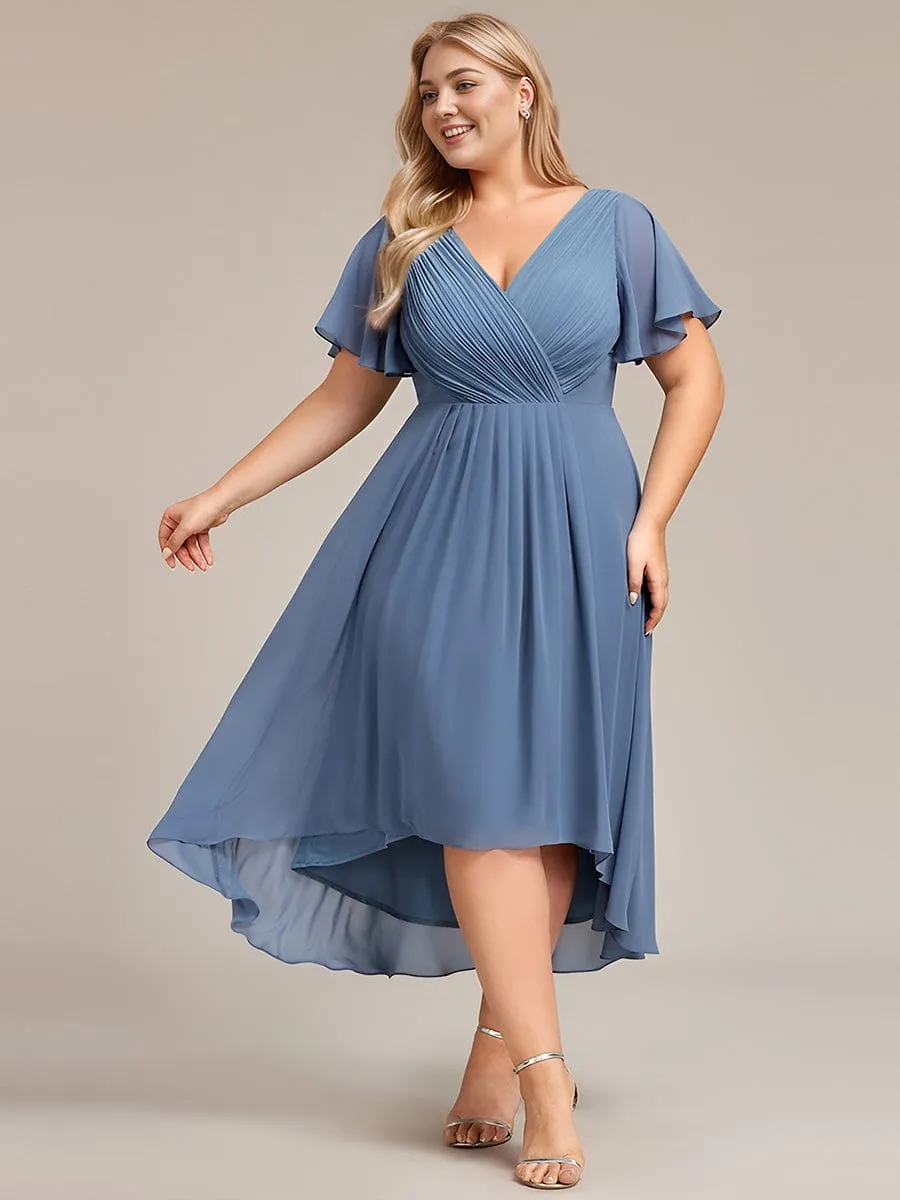 Plus Size Double V-Neck Ruffles Sleeve Chiffon Midi Wedding Guest Dress