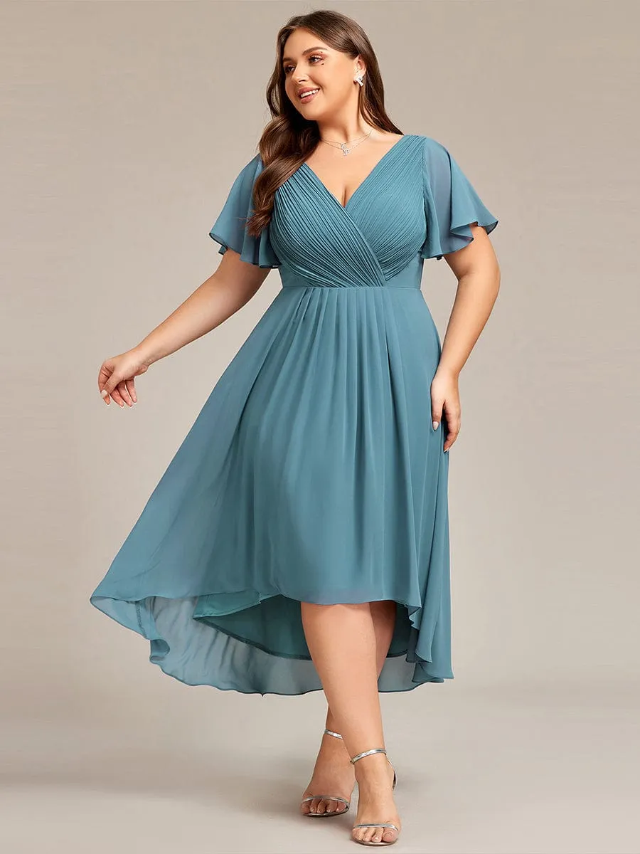 Plus Size Double V-Neck Ruffles Sleeve Chiffon Midi Wedding Guest Dress