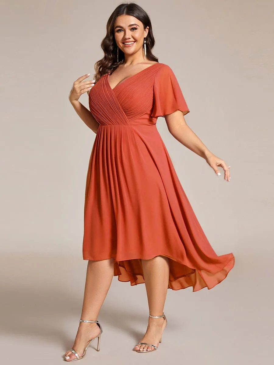 Plus Size Double V-Neck Ruffles Sleeve Chiffon Midi Wedding Guest Dress