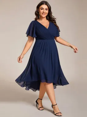 Plus Size Double V-Neck Ruffles Sleeve Chiffon Midi Wedding Guest Dress