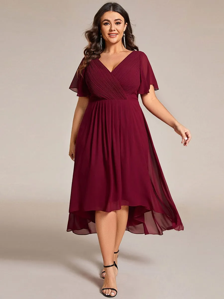 Plus Size Double V-Neck Ruffles Sleeve Chiffon Midi Wedding Guest Dress