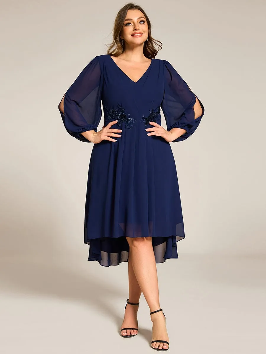 Plus Size Flowy Long Sleeves V-Neck Waist Applique Midi Chiffon Wedding Guest Dress