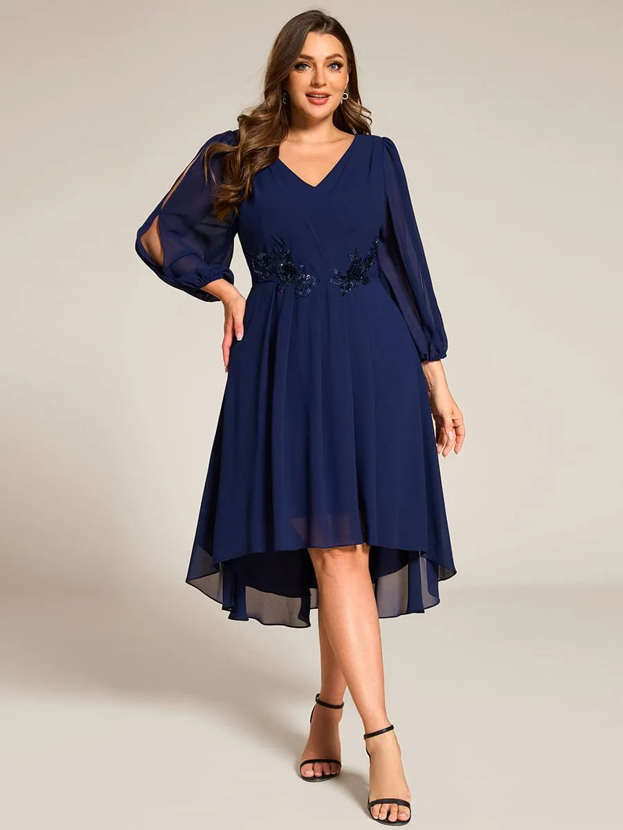 Plus Size Flowy Long Sleeves V-Neck Waist Applique Midi Chiffon Wedding Guest Dress