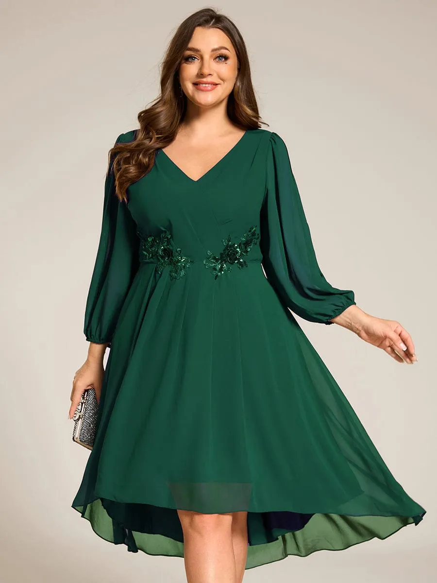 Plus Size Flowy Long Sleeves V-Neck Waist Applique Midi Chiffon Wedding Guest Dress