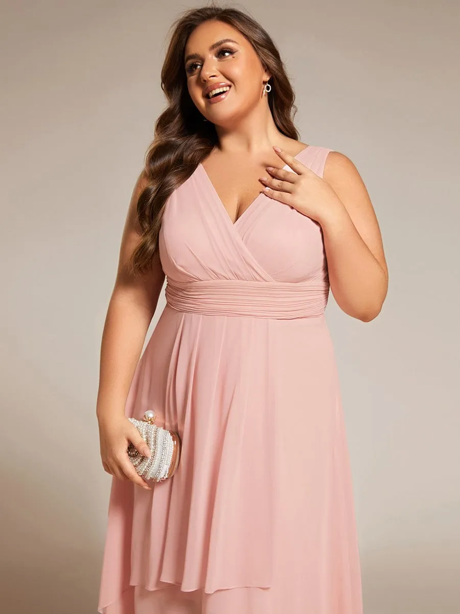 Plus Size Pleated Sleeveless V-Neck Midi Chiffon Wedding Guest Dress