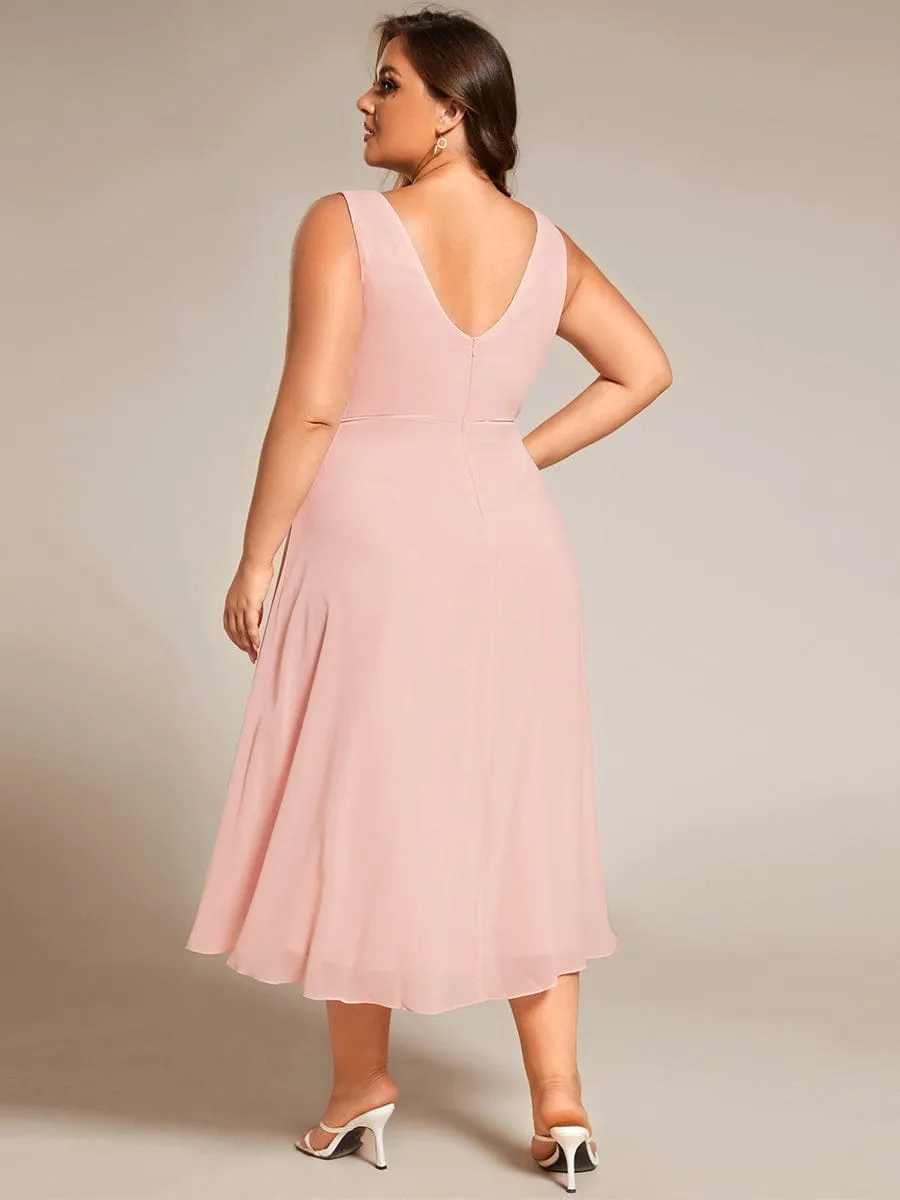 Plus Size Pleated Sleeveless V-Neck Midi Chiffon Wedding Guest Dress