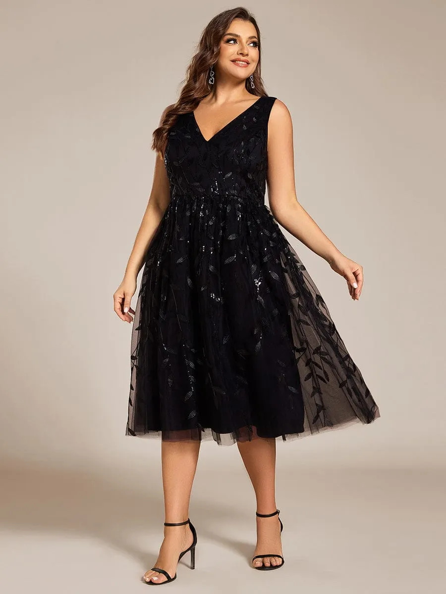 Plus Size Sleeveless Leaf Sequin A-Line Midi Wedding Guest Dress