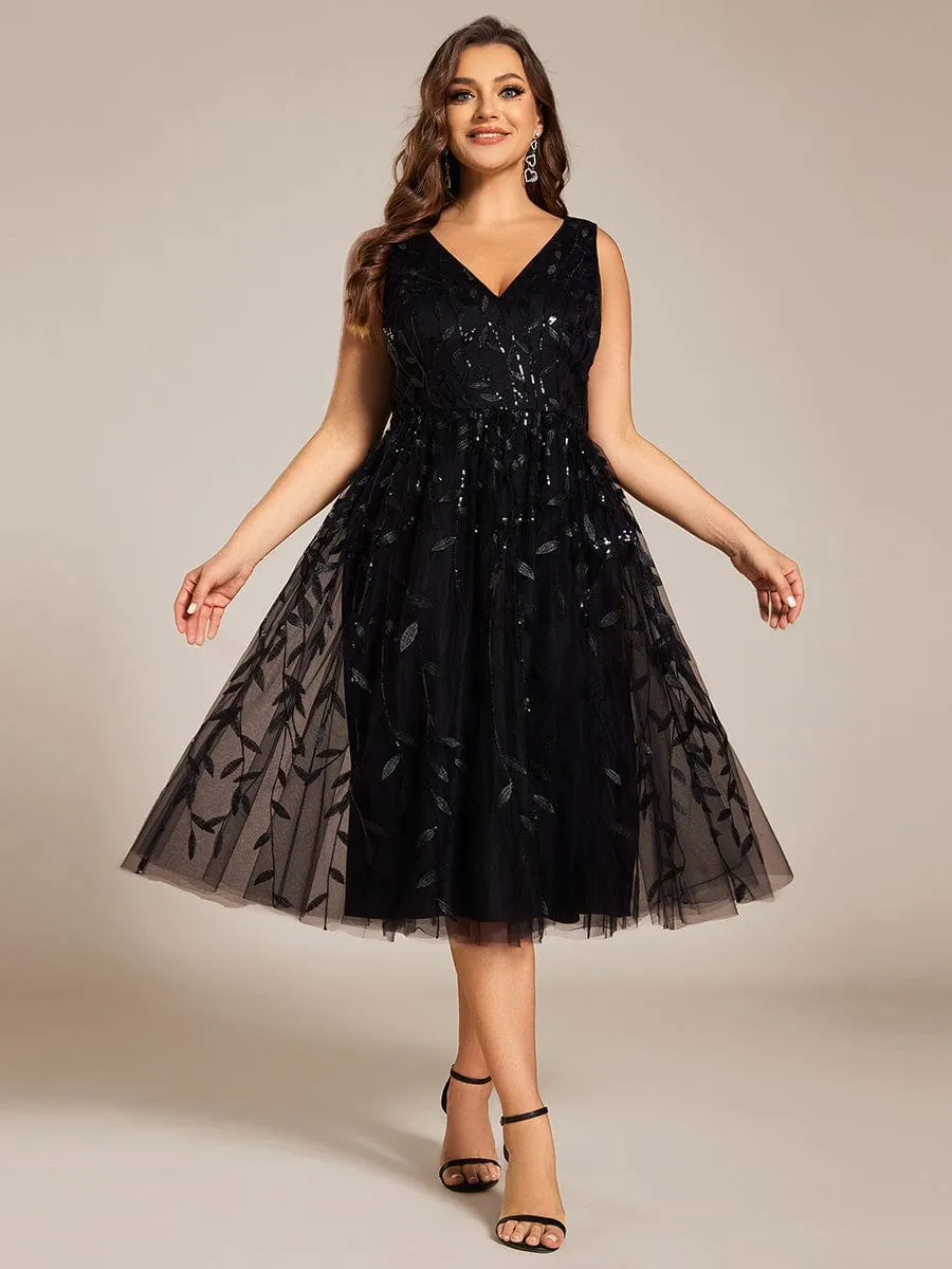 Plus Size Sleeveless Leaf Sequin A-Line Midi Wedding Guest Dress