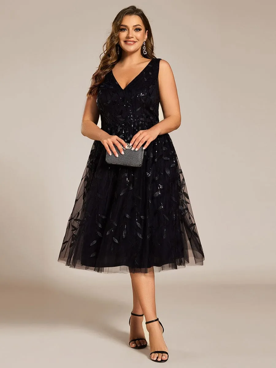 Plus Size Sleeveless Leaf Sequin A-Line Midi Wedding Guest Dress