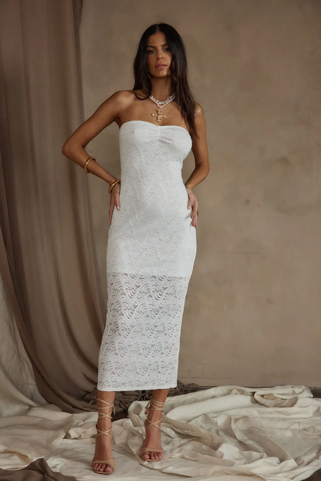 Reagan Strapless White Lace Midi Dress