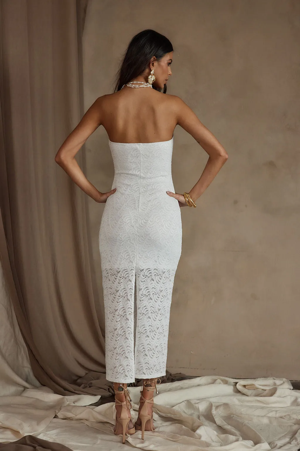 Reagan Strapless White Lace Midi Dress