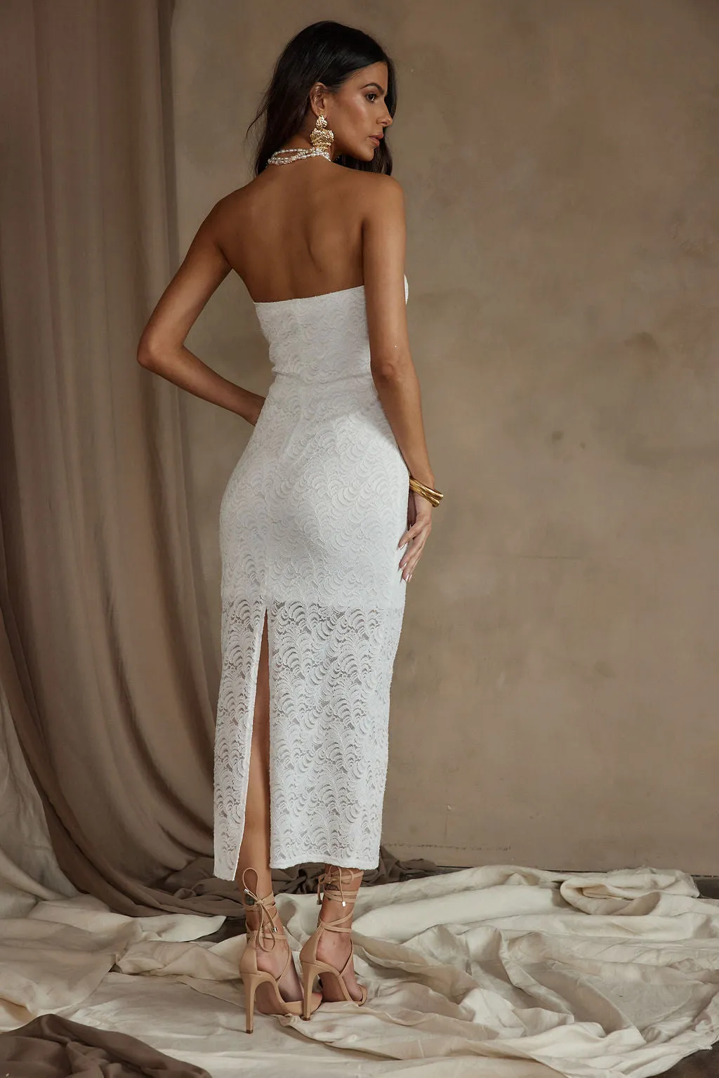 Reagan Strapless White Lace Midi Dress