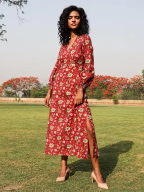 Red Cotton Block Print Backless Dress