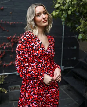 Red Heart Print Empire Waist Midi Dress