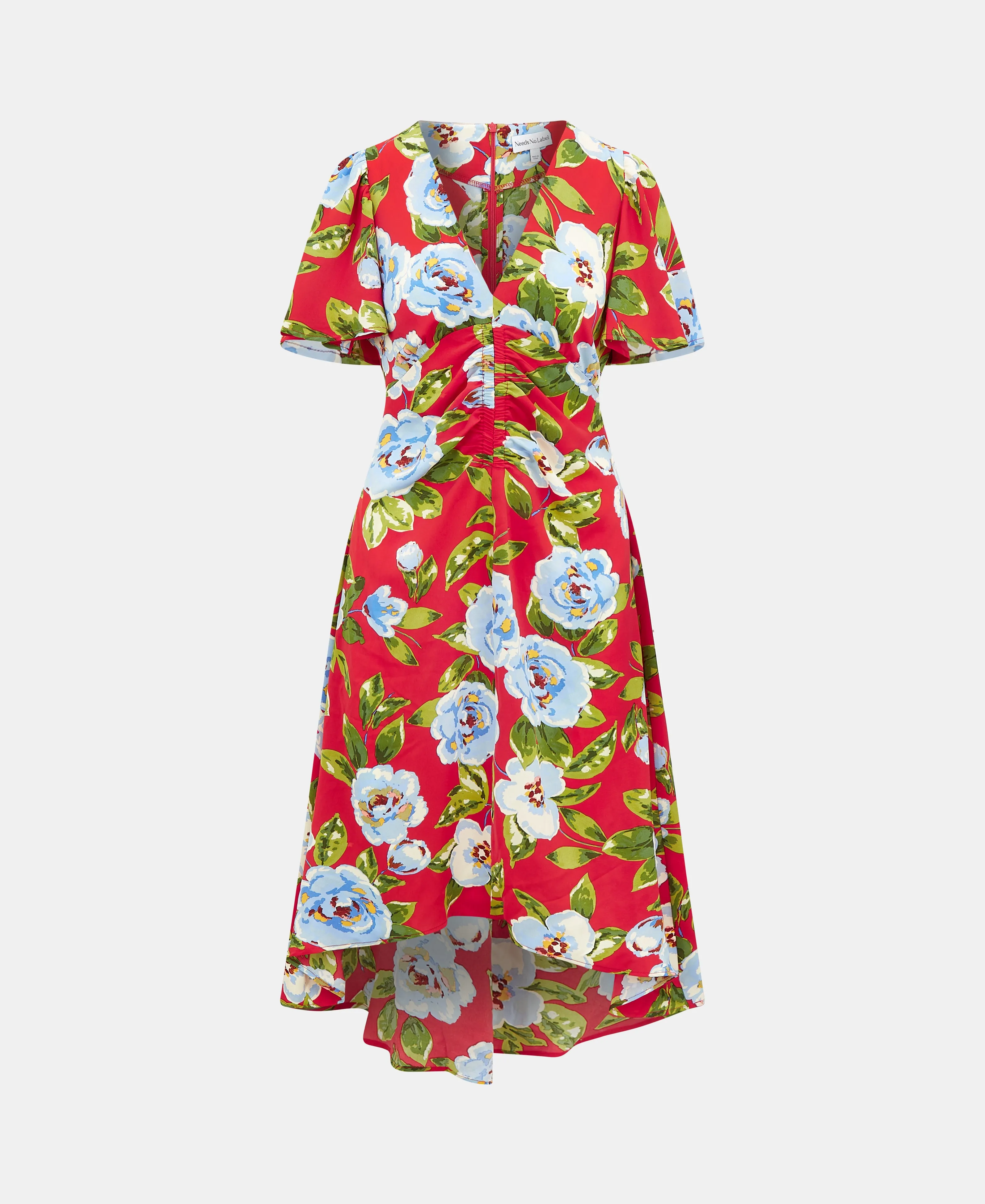 Red Oversize Floral Ruche Midi Dress