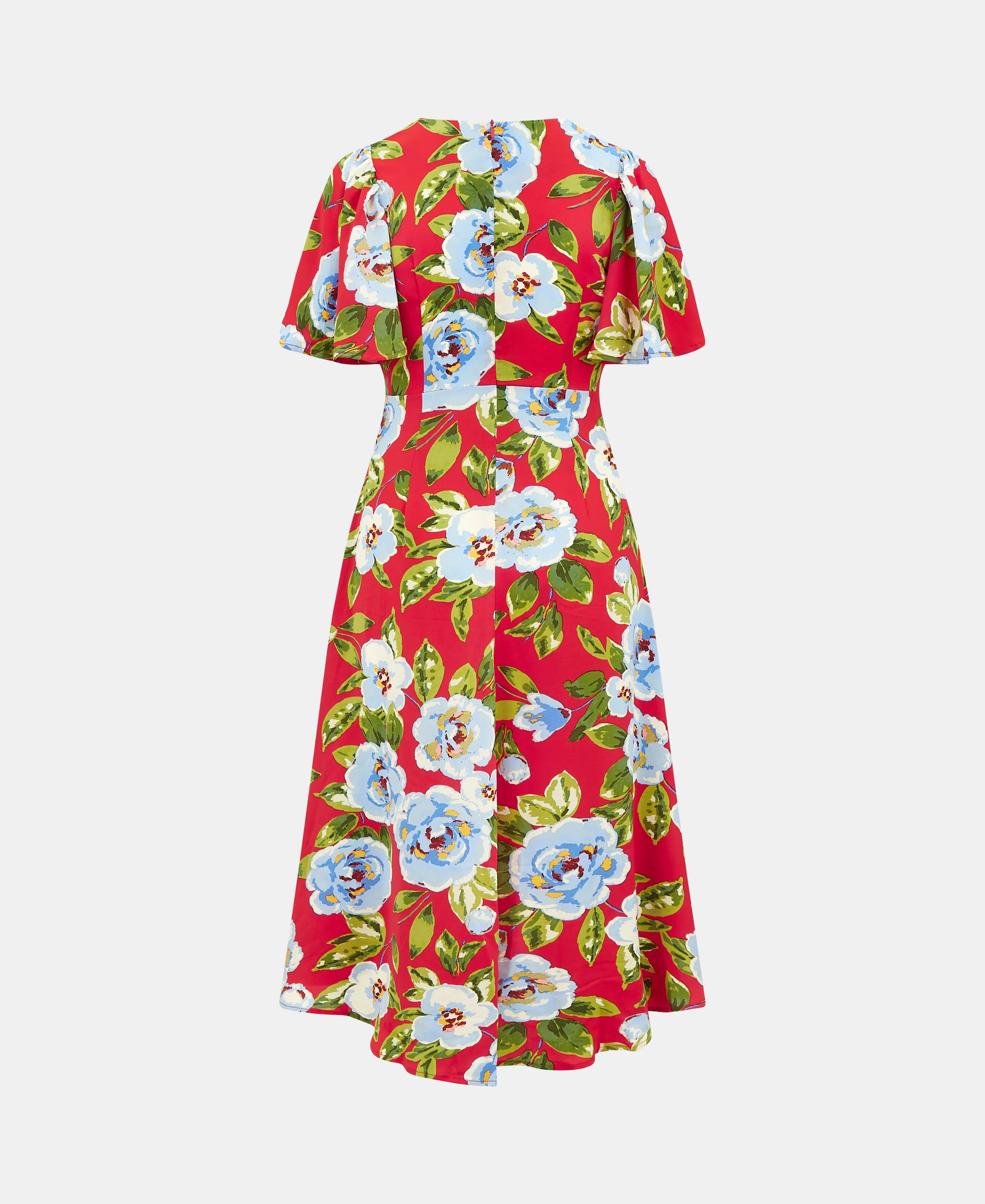 Red Oversize Floral Ruche Midi Dress