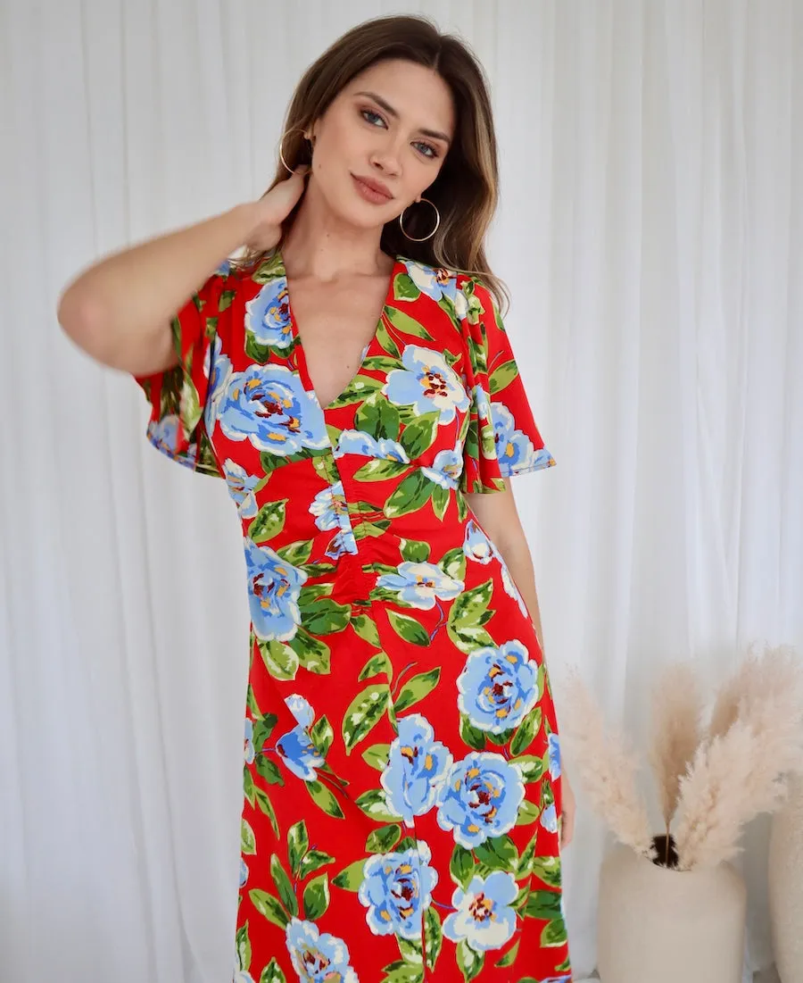 Red Oversize Floral Ruche Midi Dress