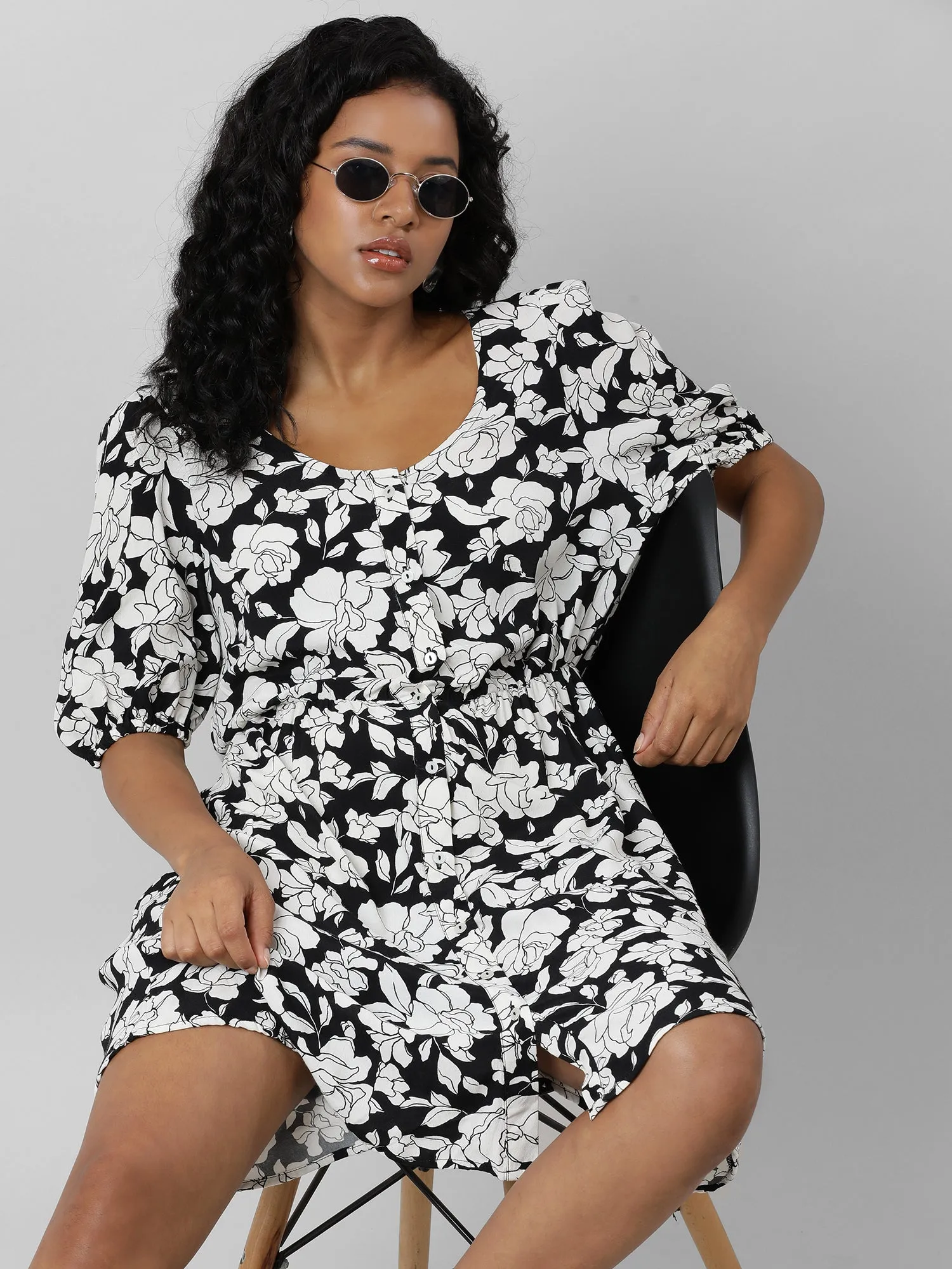 Retro Black And White Floral Dress