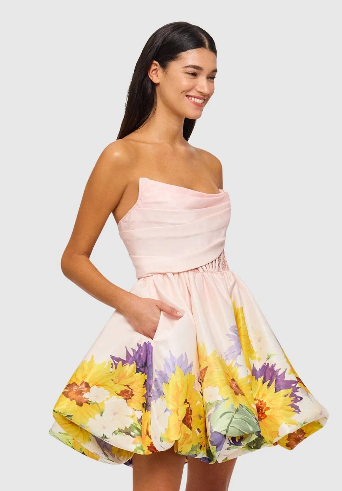 SELL Katy Bustier Mini Dress - Sunflower Print in Pink