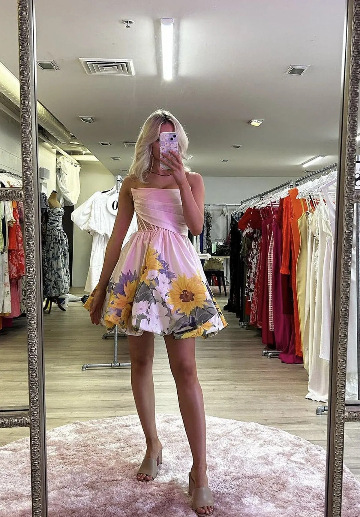 SELL Katy Bustier Mini Dress - Sunflower Print in Pink