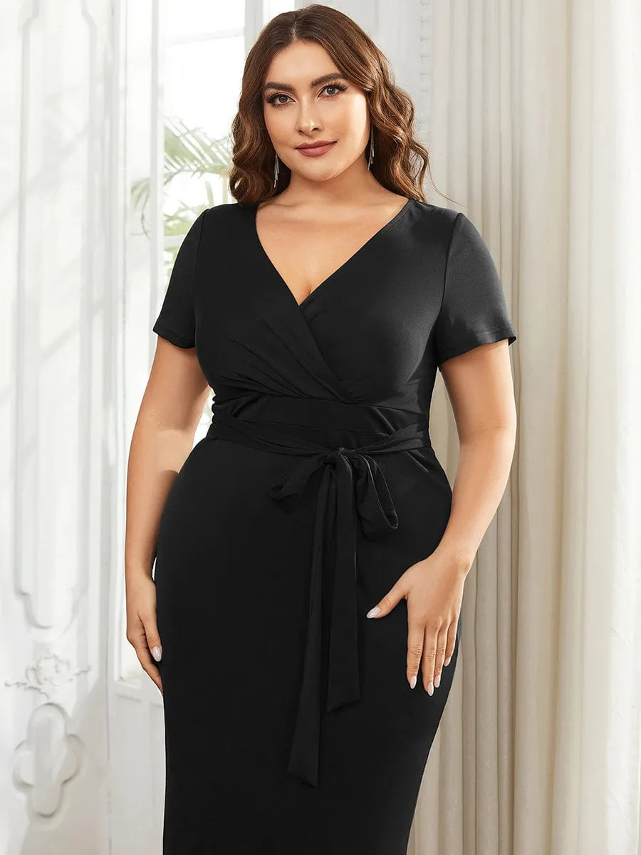 Short Sleeves V-Neck Tie-Waist Sheath Wedding Guest Dress