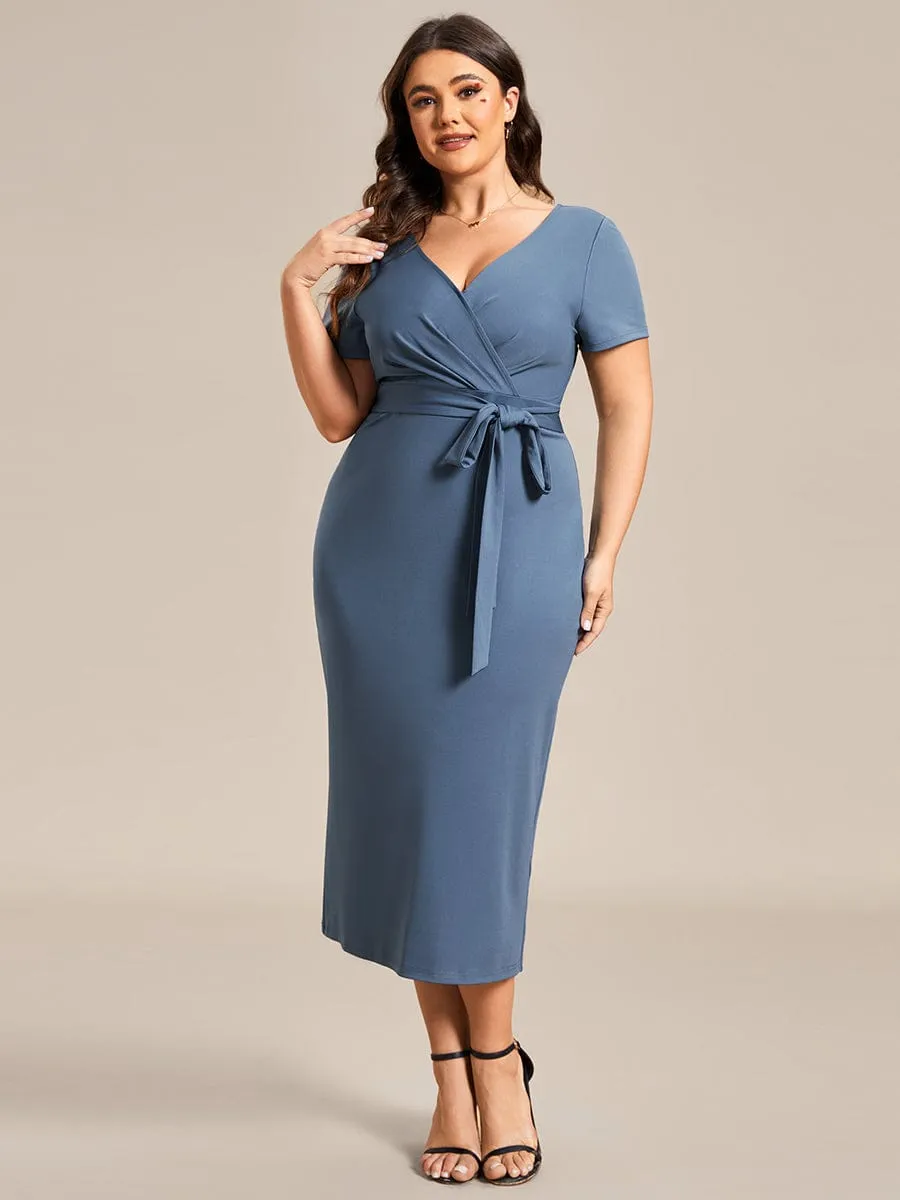 Short Sleeves V-Neck Tie-Waist Sheath Wedding Guest Dress