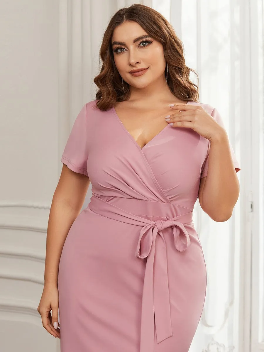 Short Sleeves V-Neck Tie-Waist Sheath Wedding Guest Dress