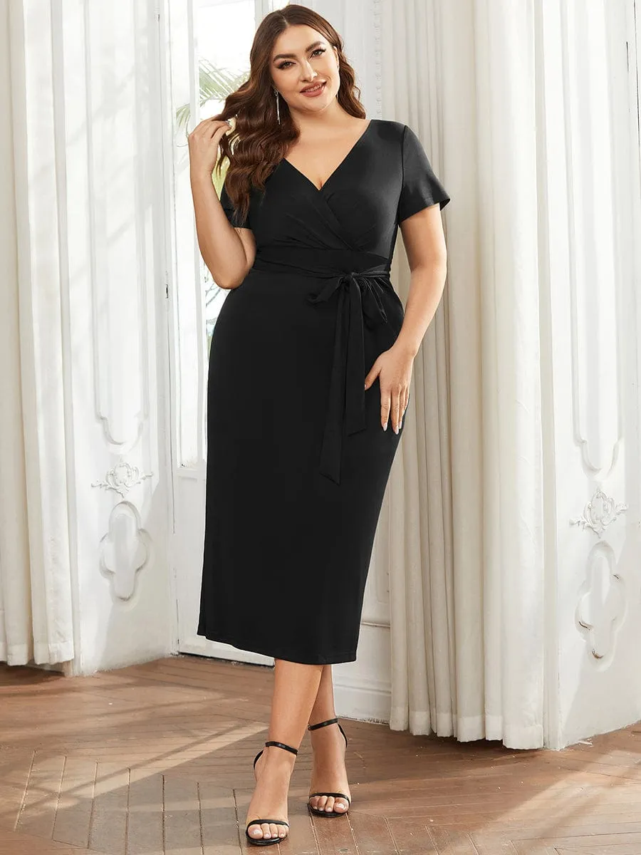 Short Sleeves V-Neck Tie-Waist Sheath Wedding Guest Dress