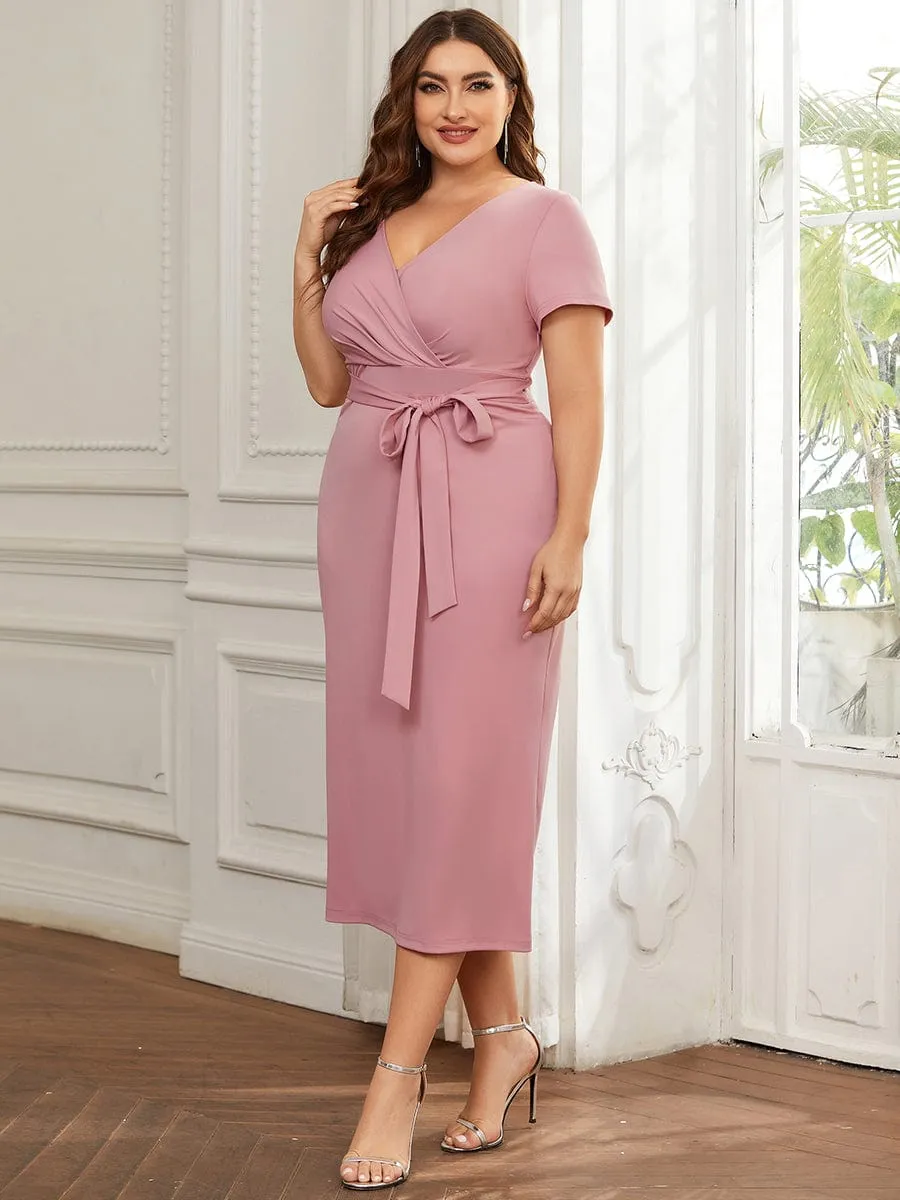 Short Sleeves V-Neck Tie-Waist Sheath Wedding Guest Dress