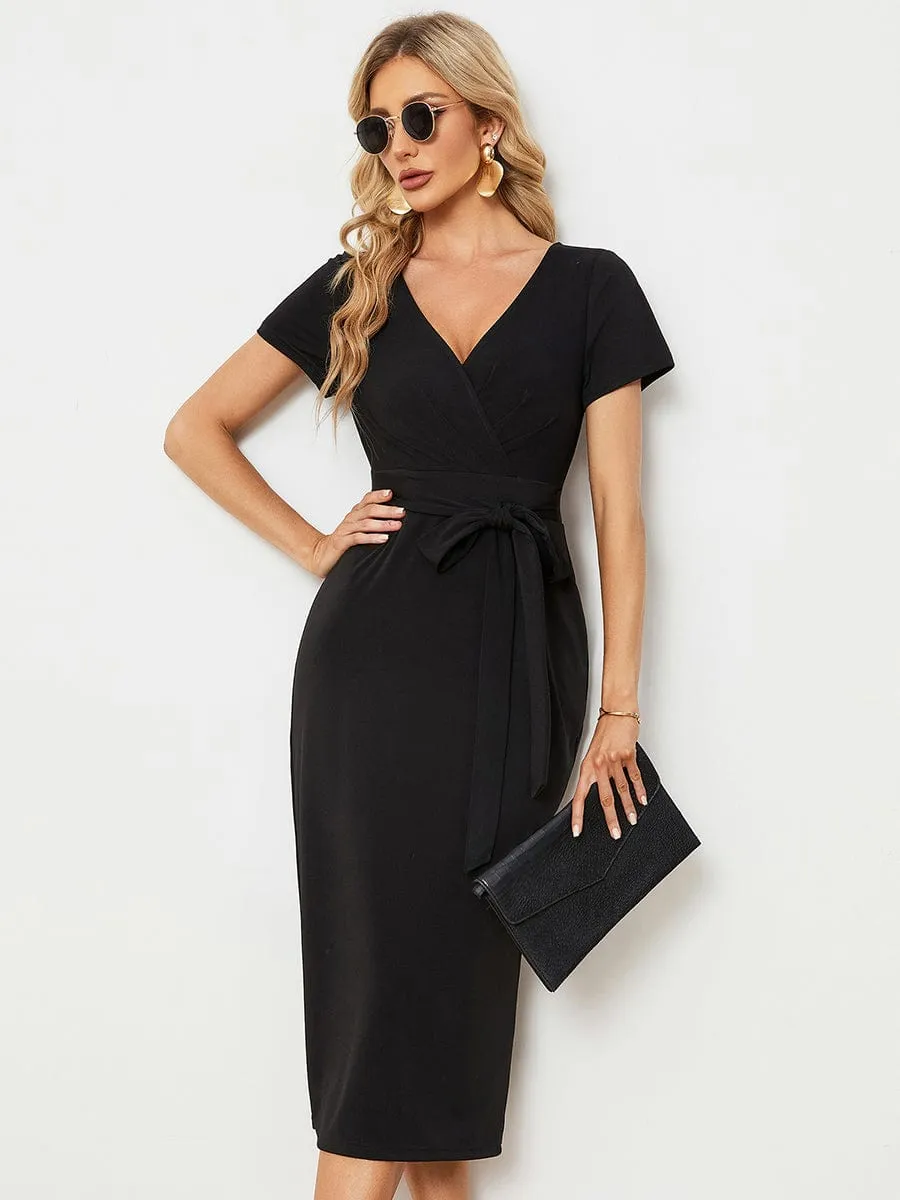 Short Sleeves V-Neck Tie-Waist Sheath Wedding Guest Dress