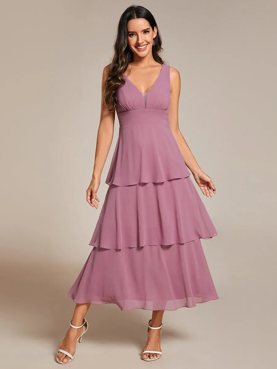 Sleeveless Tiered Hem V-Neck Chiffon Wedding Guest Dress