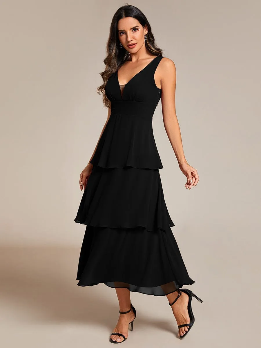 Sleeveless Tiered Hem V-Neck Chiffon Wedding Guest Dress