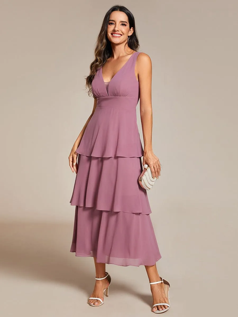 Sleeveless Tiered Hem V-Neck Chiffon Wedding Guest Dress