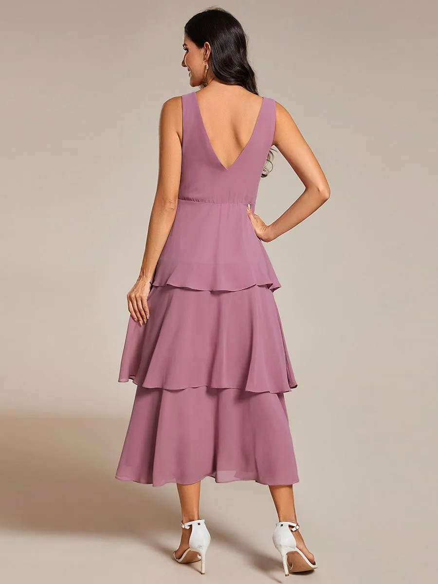 Sleeveless Tiered Hem V-Neck Chiffon Wedding Guest Dress