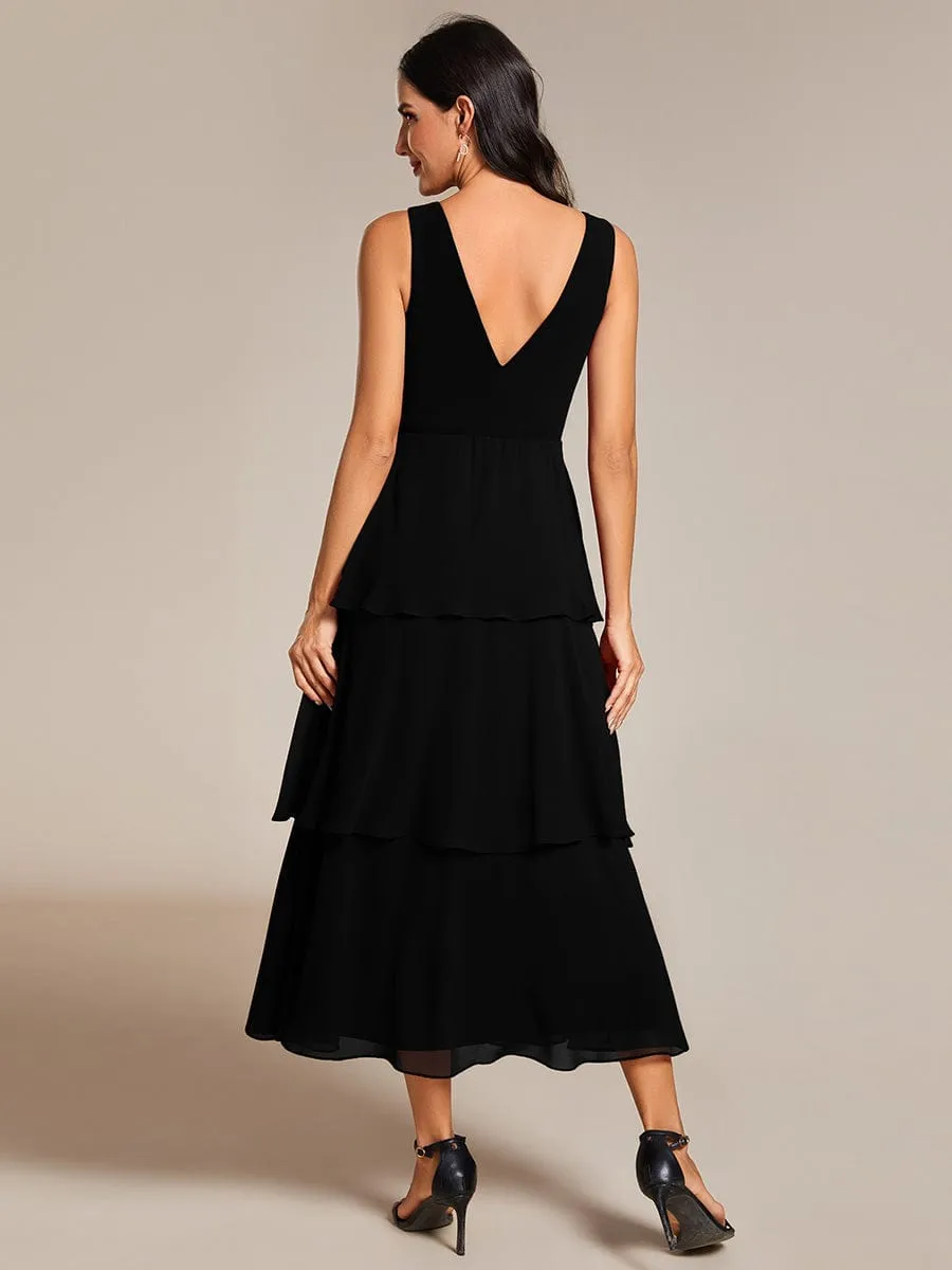 Sleeveless Tiered Hem V-Neck Chiffon Wedding Guest Dress