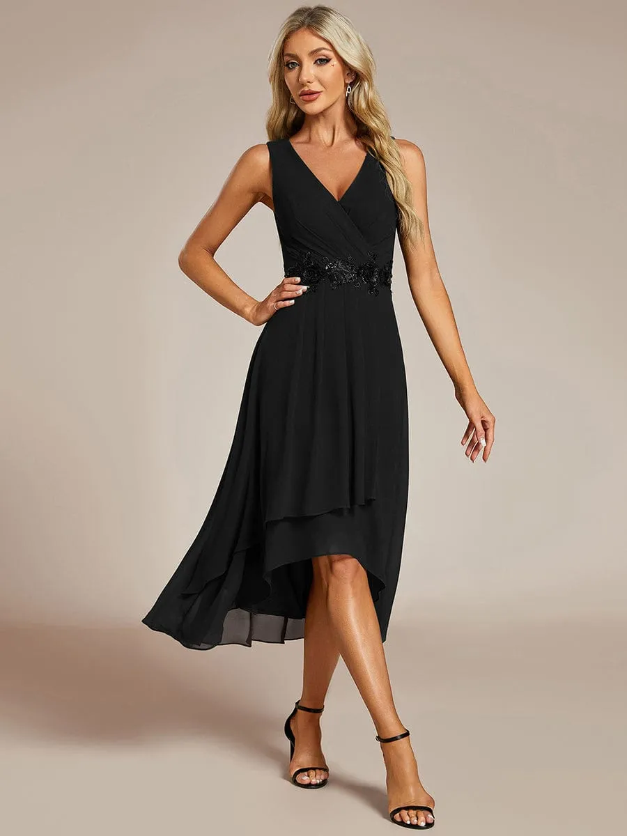 Sleeveless V-Neck High Low Wedding Guest Dress with Floral Applique